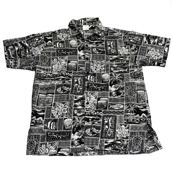 rima Other - Rima Tropical Hawaiian Black and White Button Down Casual Shirt
